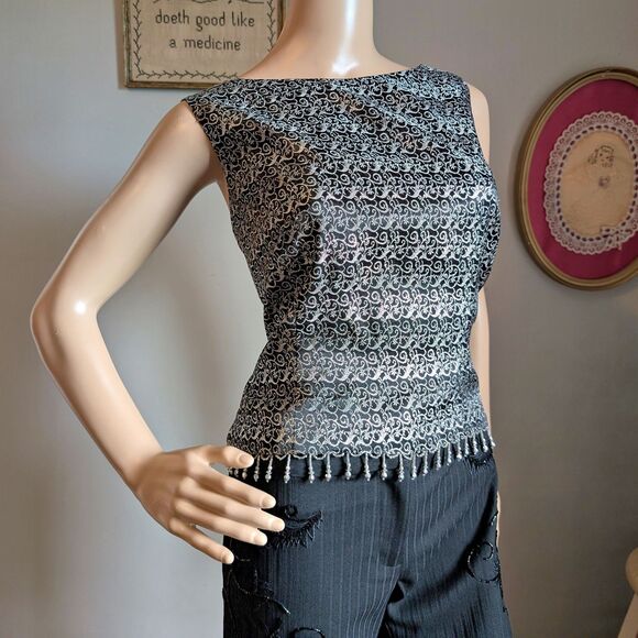 Vintage 90s Cachet Beaded Top Fringe Evening Cocktail Whimsigoth Silver Size 12 - Picture 1 of 12